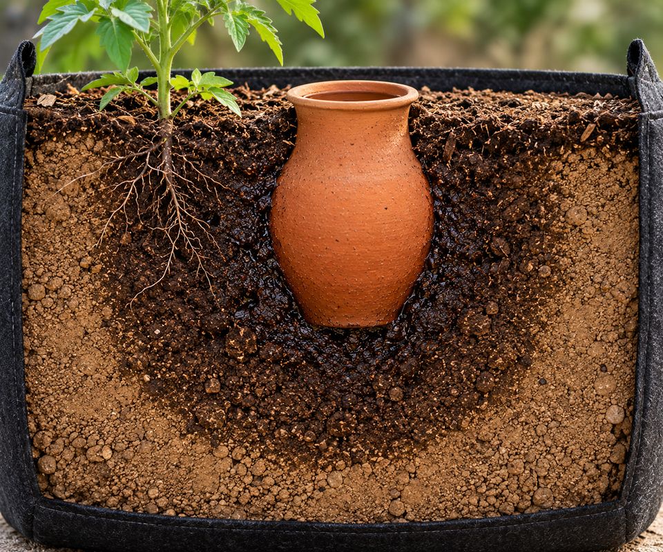 A clay olla buried in a grow bag beside a young tomato plant, with moist soil around it