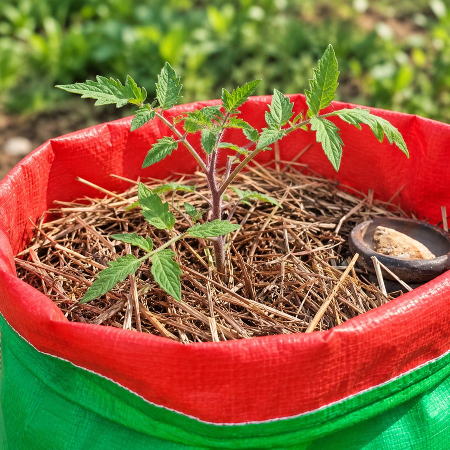 A young tomato plant in a red and green grow bag, mulched with dry grass