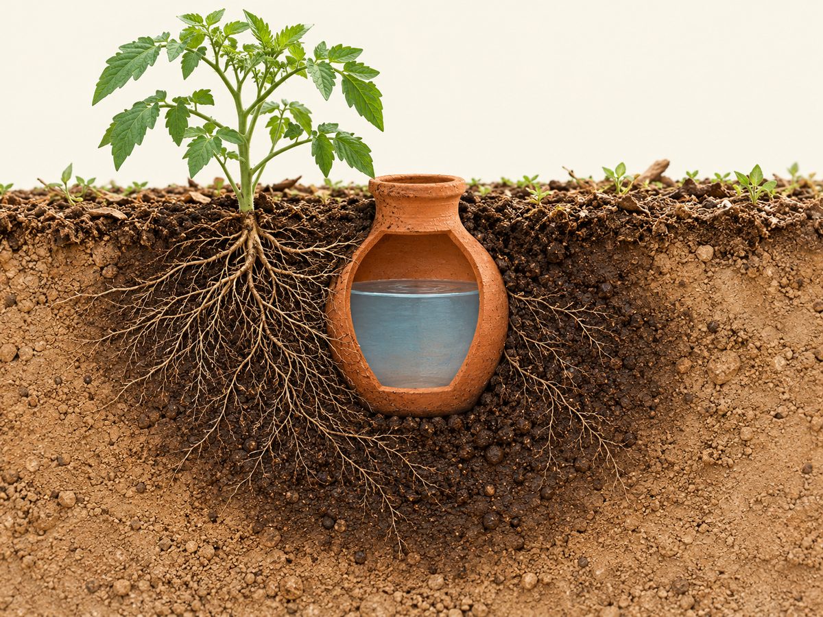 Cut-away view of a clay olla buried beside a young tomato plant, half full of water, with the roots spreading towards it through the damp soil